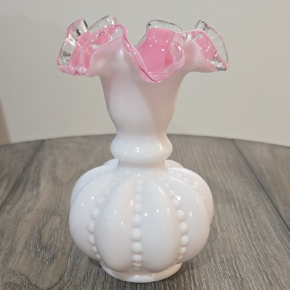 Vintage Fenton Pink and White Glass Vase